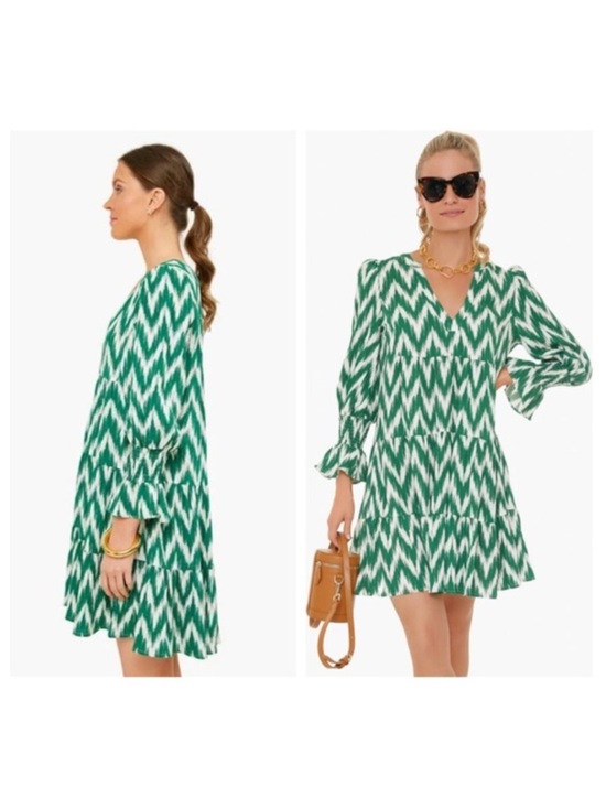 Pomander Place Dresses & Skirts - Pomander Place Tuckernuck Green White Ikat Zig Zag Print Tiered Dress Size M